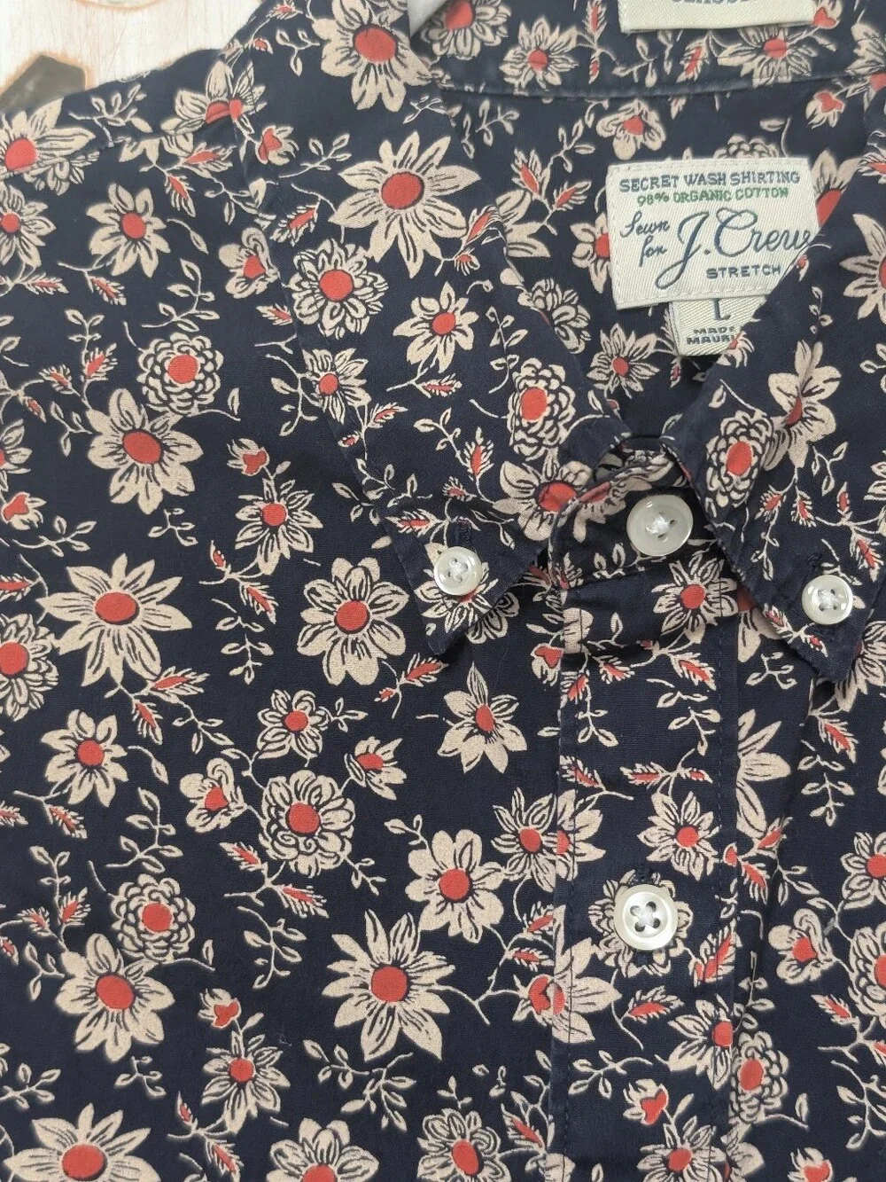 J. Crew Secret Wash Classic Cotton Button Down Shirt Navy Blue Floral Size Large